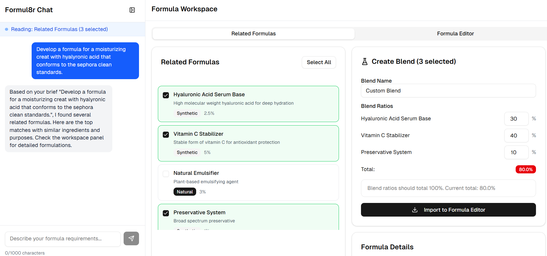 Formula workspace UI screenshot